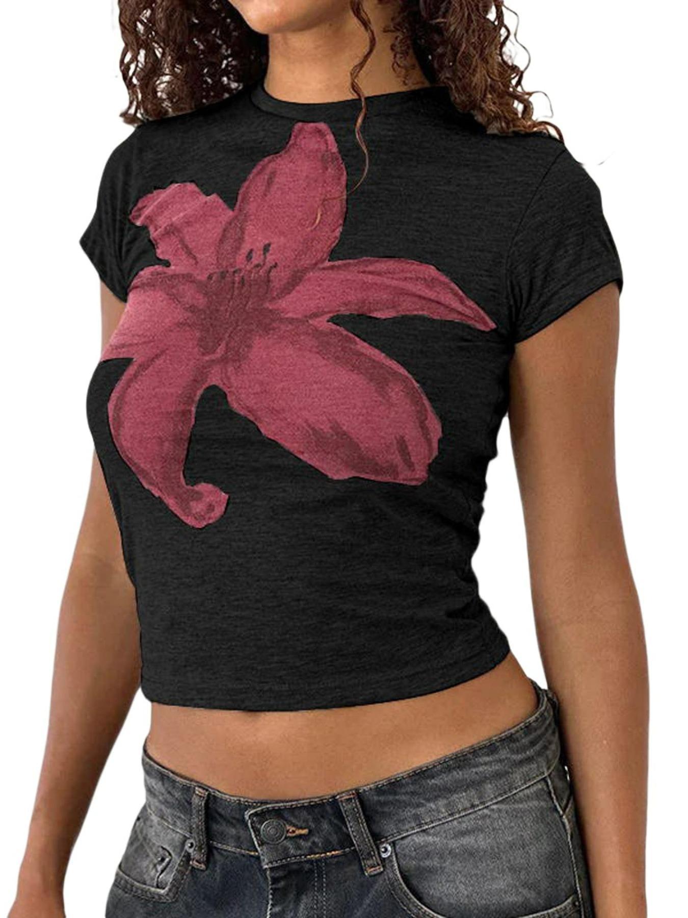 Women's Floral Print Round Neck Tee, Casual Short Sleeve Crew Neck T-Shirt for Summer, Fashion Women's Top for Daily Wear, Casual Everyday Wear, Womenswear