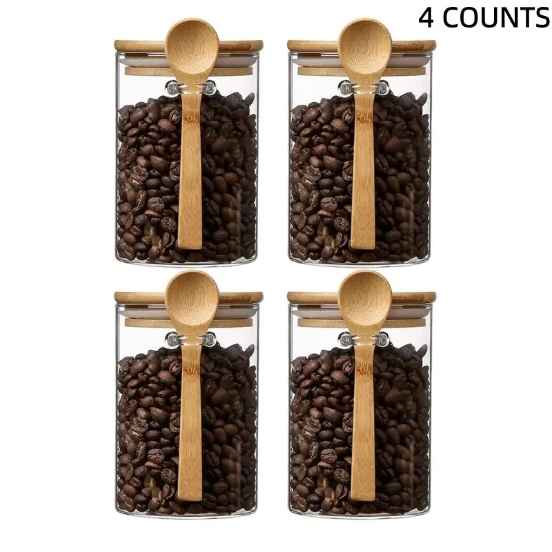 4 Counts Airtight Food Storage Containers with Bamboo Lids and Spoon for Coffee Beans, Flour, Cookie, Sugar, Tea, Nuts and Spice Bath salt and more