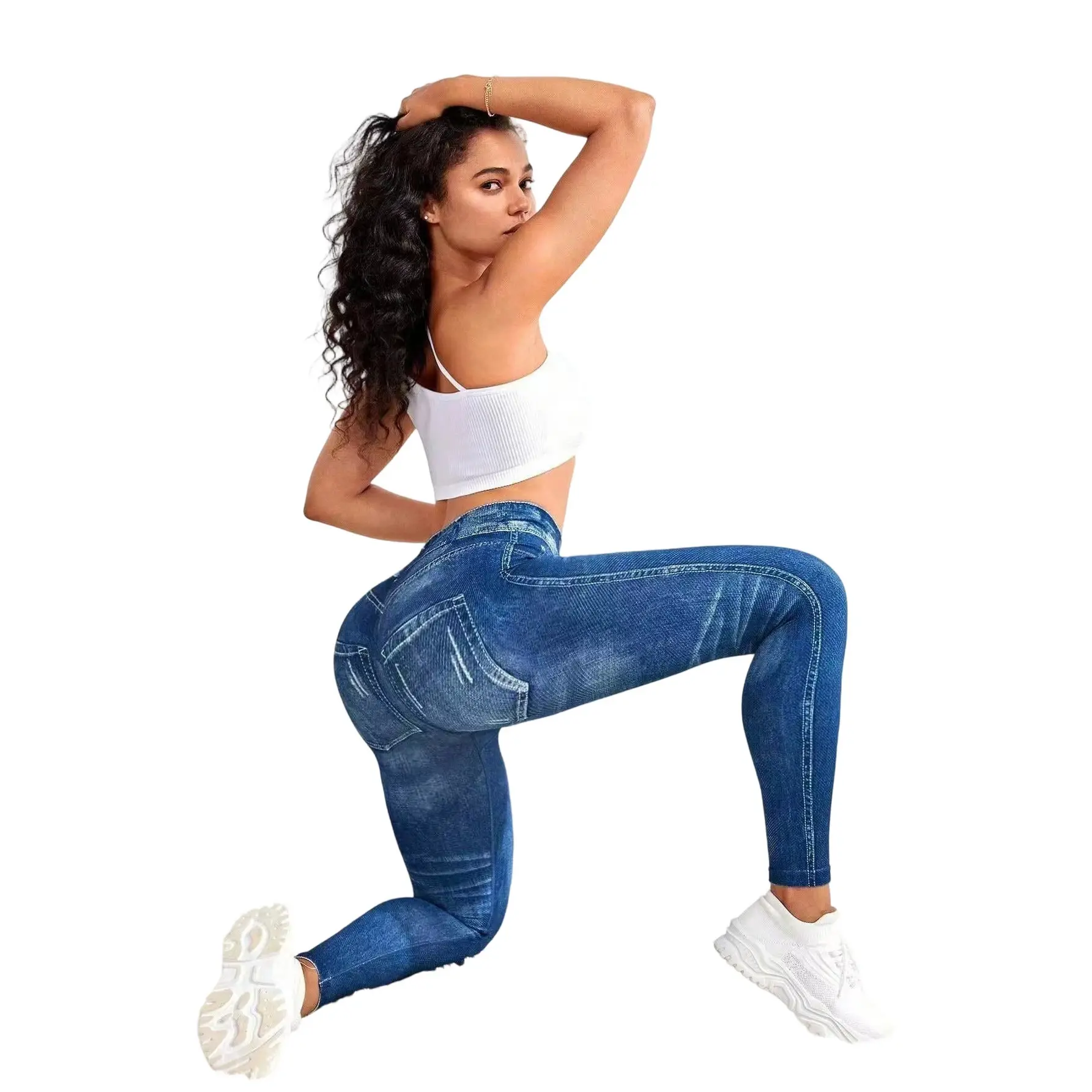 Women's Plus Size S-XL Ruched Printed Denim-Look Leggings - Sexy Butt-Lifting, Super-Stretch Tight Base Layer Pants for Sports & Outdoor Activities