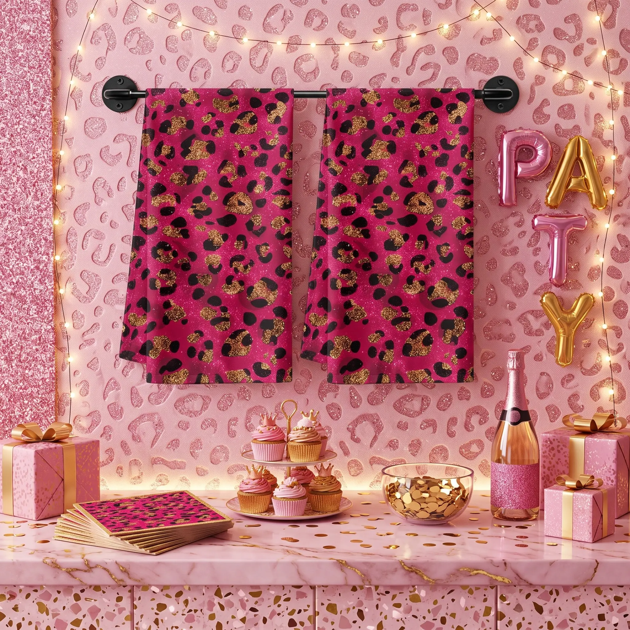 2pcs Glitter Pink Cheetah Hand Towels, Vibrant Gold Animal Leopard Pattern, Reusable Face Towel Set for Women, Trendy Birthday Gift
