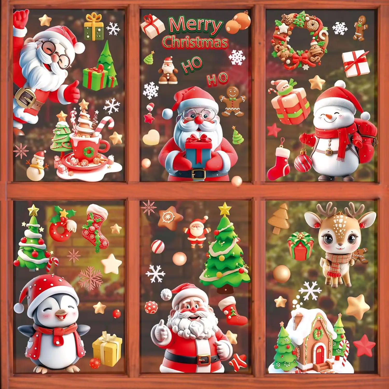 Christmas Window Clings, 190 count Large   Window Stickers for Glass, 9 Sheets Double Sided Santa Claus Snowman Snowflakes Reindeer Stickers for Party Decorations