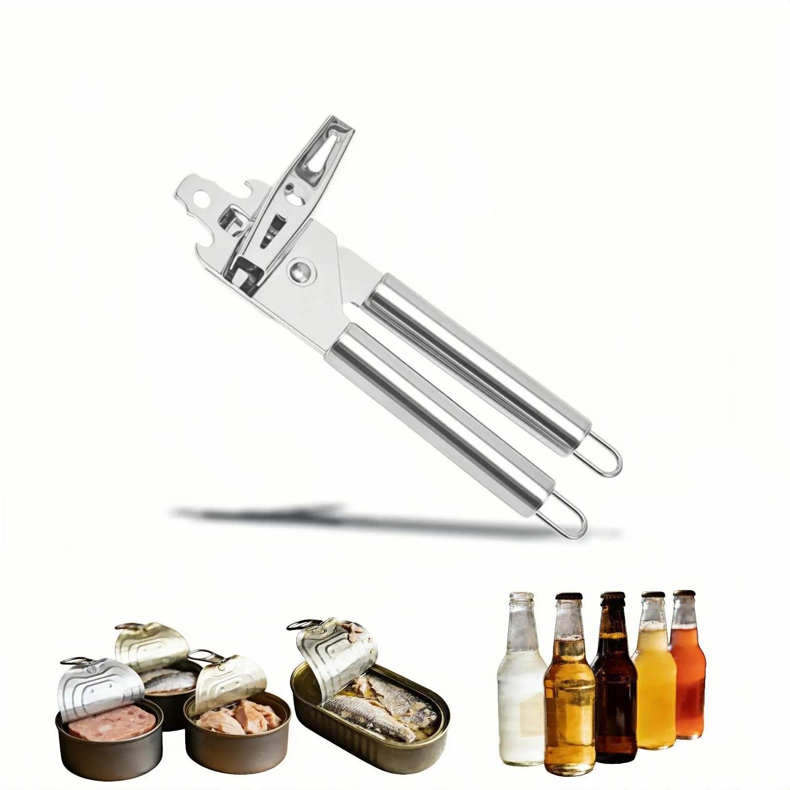 Stainless Steel Manual Can Opener, 3-In-1 Multifunctional, High-Carbon Steel Cutting Wheel, Ergonomic Handle, 7.28 Inch, for Food Cans and Bottles