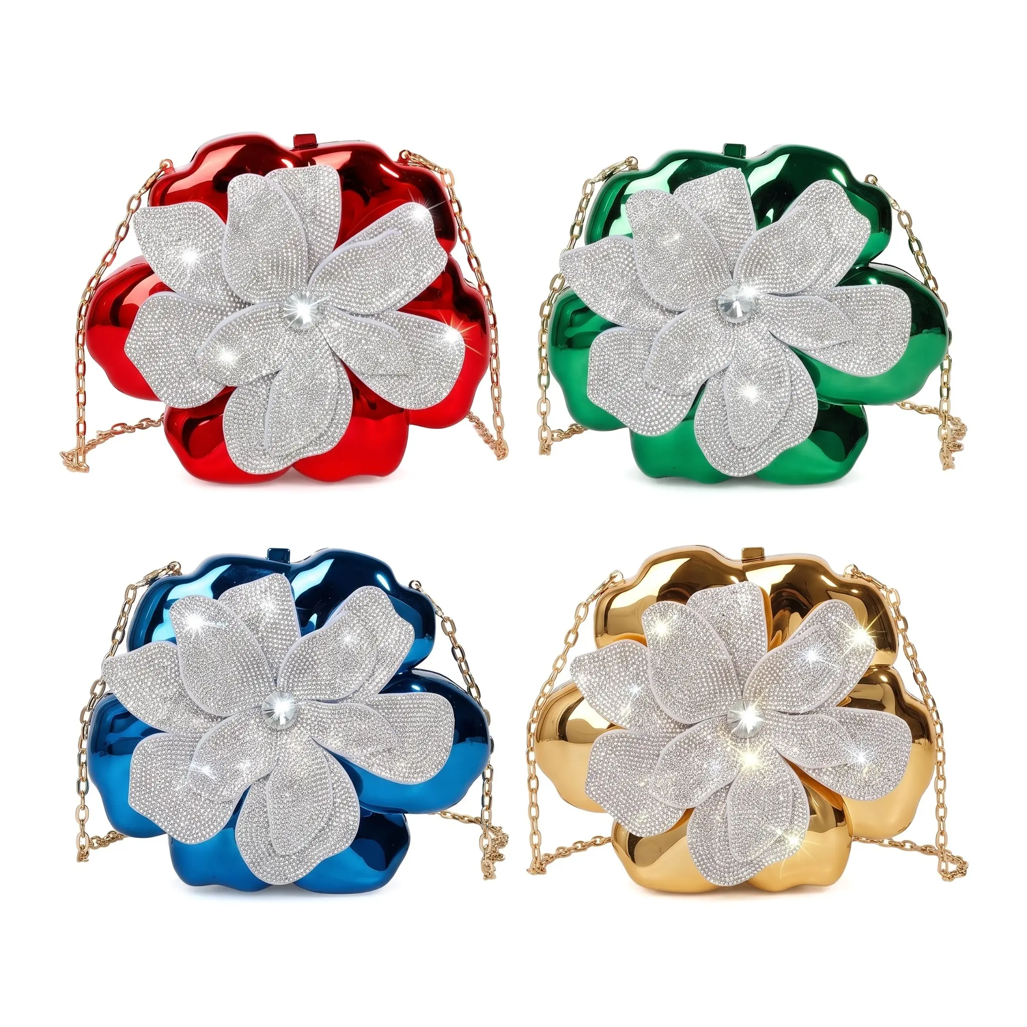 Women's Hard Acrylic Rhinestone Flower Evening Bag - Metallic Textured, Chain Strap, Sleek Lock Clasp, Phone & Card Pockets, Vintage Charm for Date Night (Gold, Silver, Rose Red, Ice Blue, Gun Black) tiktokshopbacktoschool