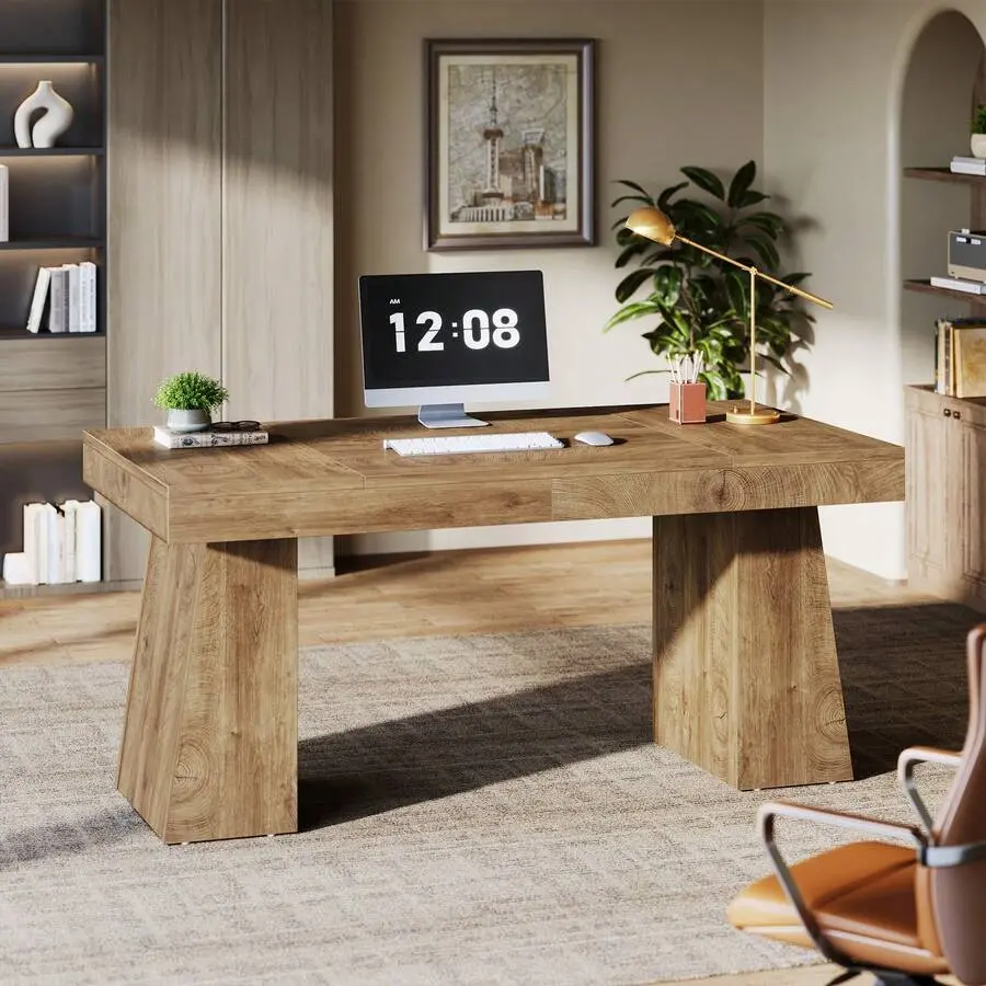55" Executive Office Desk, Modern Double-Trapezoid Base Wooden Writing Table, 55.1" w x 27.5" d x 29.5", 72.3 lb, Assembly Required for Daily Home Office Use, Minimalist Desktop