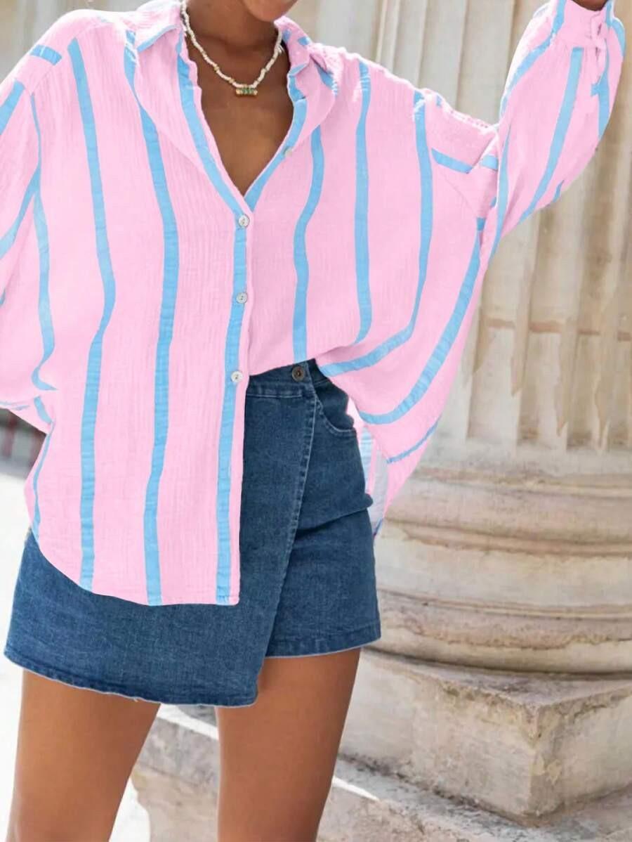 2026 European and American autumn and winter new long-sleeved button-up cardigan women's striped shirt women's vintage striped