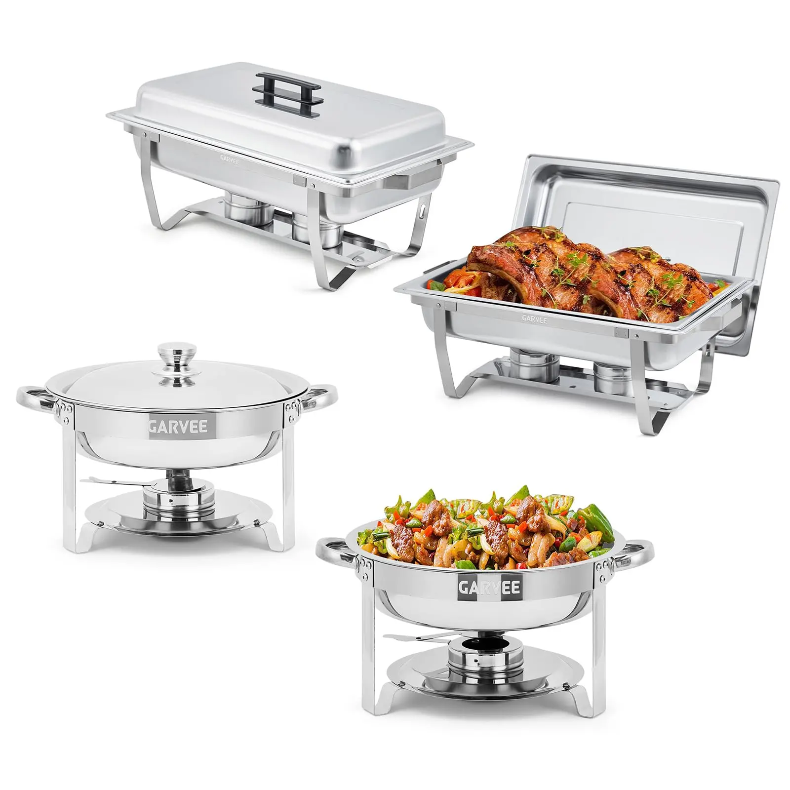 Garvee Stainless Steel Chafing Dish Buffet Set with Lids - 8 Qt Rectangular + 5 Qt Round, Food & Water Pans, Fuel Holders - Buffet Food Warmers for Catering, Weddings & Parties