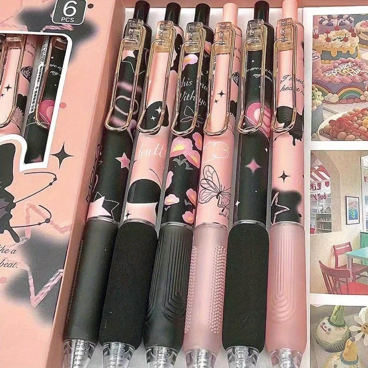 6 Pack Retractable Gel Ink Pens, Fine Point 0.5mm, Black Ink, Butterfly & Rose Flower Design, Cute Writing Pens for School, Office, and Home Use, Ideal Gift for Teens and Adults