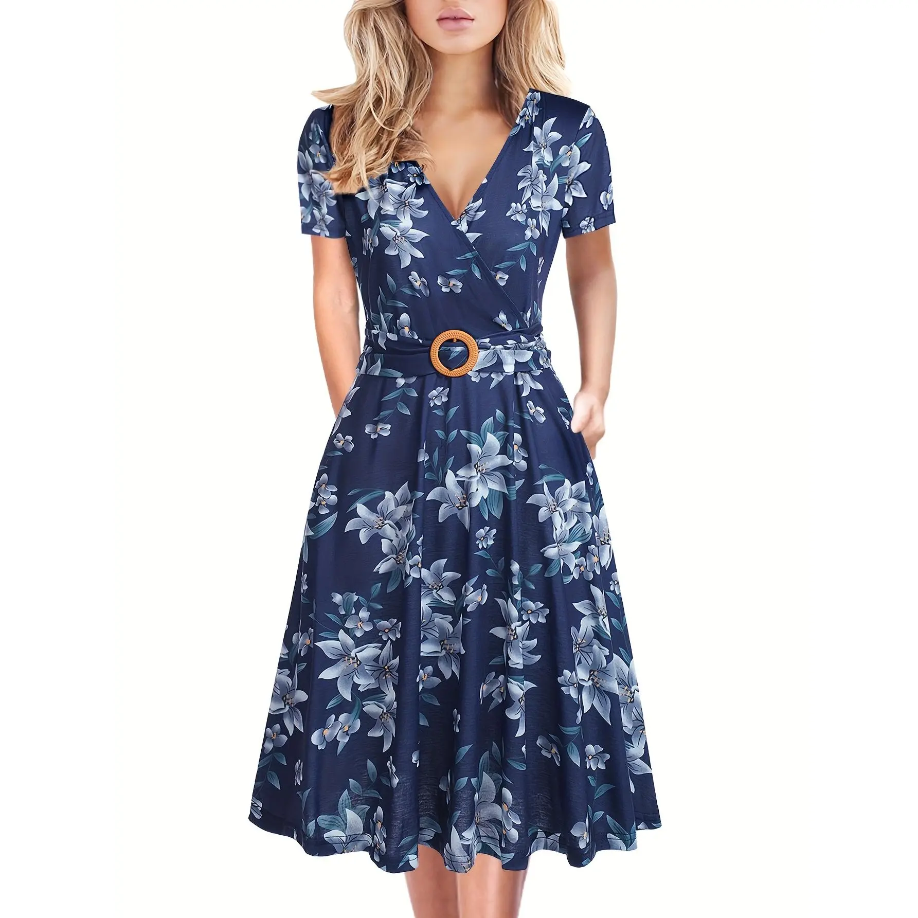 Women's Elegant Criss-Cross V-Neck Short Sleeve Knitting Regular Sleeve Work Casual Fit-and-Flare Tea Church Dress with Pockets, Knitting Casual Dresses, Regular Sleeve Casual Dresses