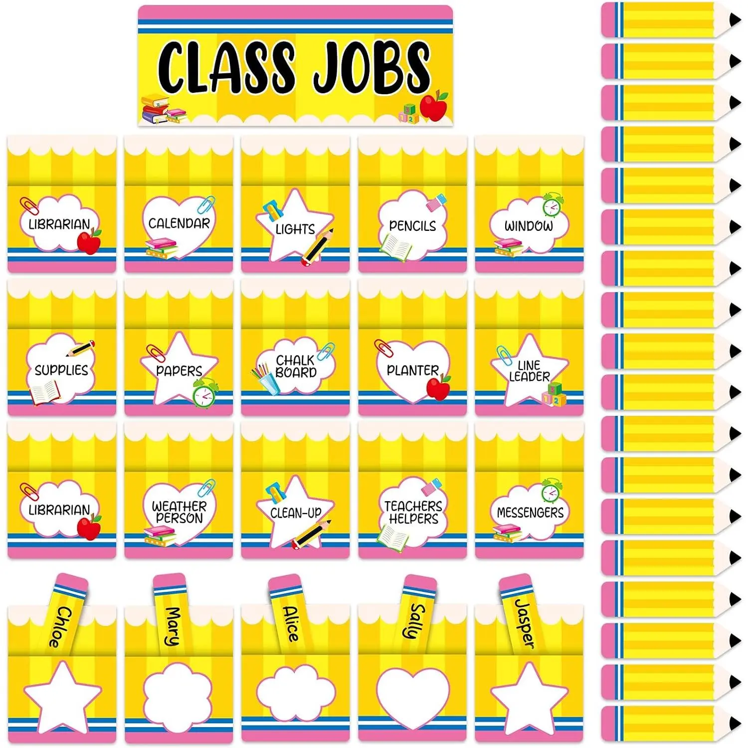 81 count Pencil Class Jobs Bulletin Board Pencils Theme Classroom Jobs Pocket Chart Set Teacher's Helper Chalkboard Decor Yellow Pencil Cutouts for  to School Teachers Students Wall Door Decorations