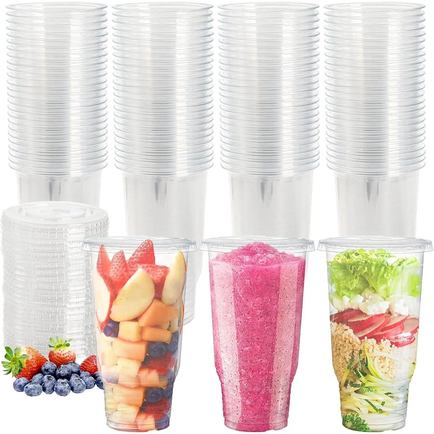 50 Pack Clear Plastic Cup with Flat Lid for Iced Coffee, 32oz PE Plastic Drinking Cup, Large Disposable Parfait Fruit Cups,  for Cold Drink, Smoothie, Milkshake, Dessert
