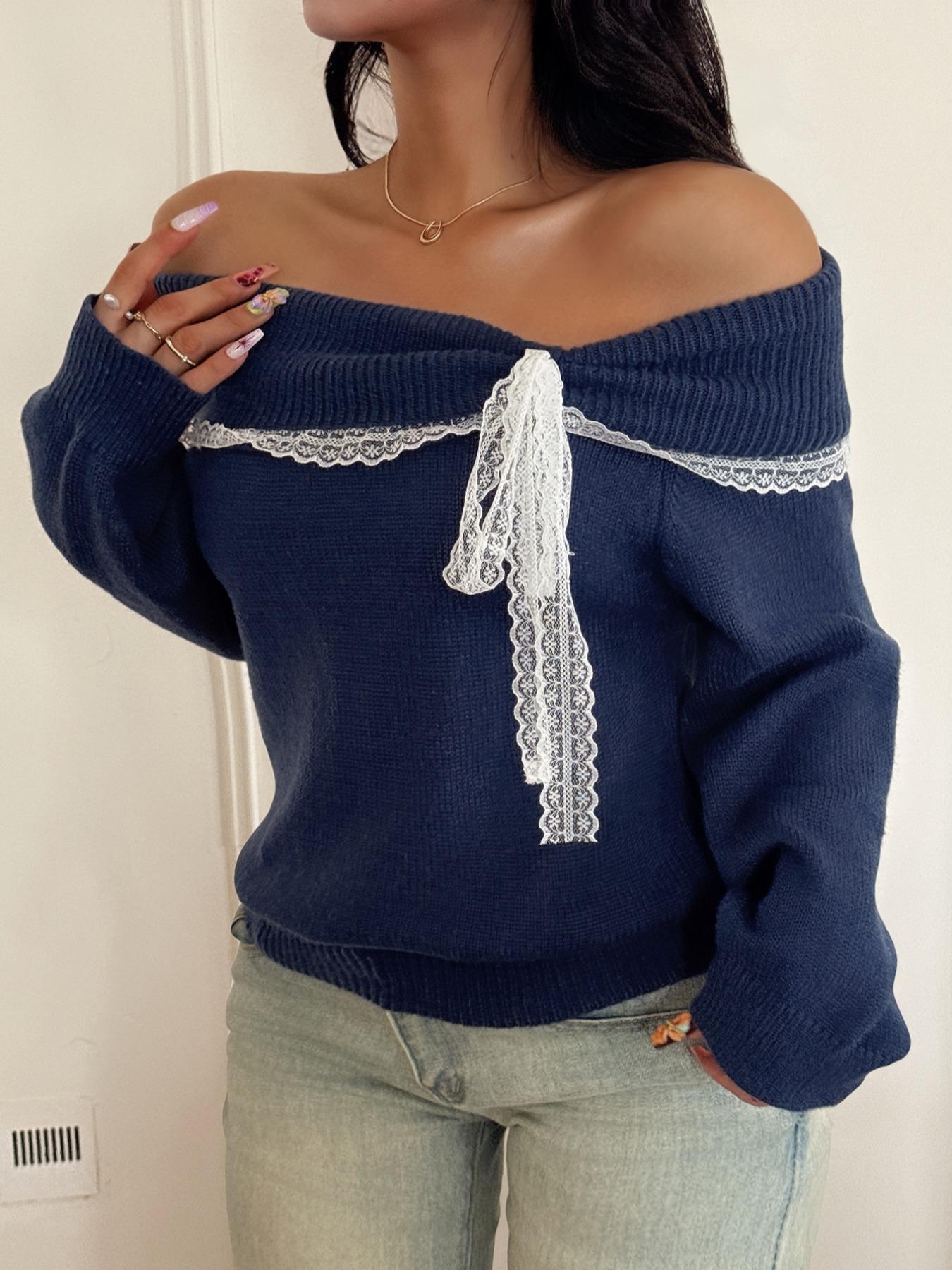 Women's off Shoulder Lace Bow Long Sleeve Pullover Sweater, Cute Knit Top for Fall & Winter, Casual Fashion for Ladies, Women Fall Outfit, Cute Winter Sweater for Women, Autumn Knitwear