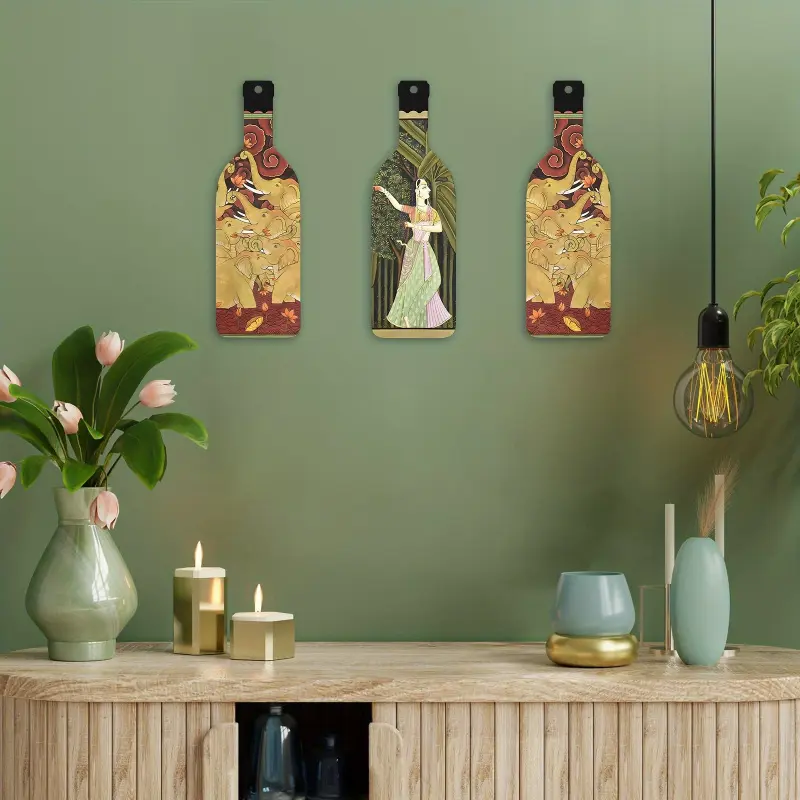 Three pieces of wooden wall decorations featuring traditional Indian craftsmanship, elephant dancer hanging plaques shaped like wine bottles, bohemian ethnic Mughal wall artworks, suitable for home decoration in living rooms and bedrooms