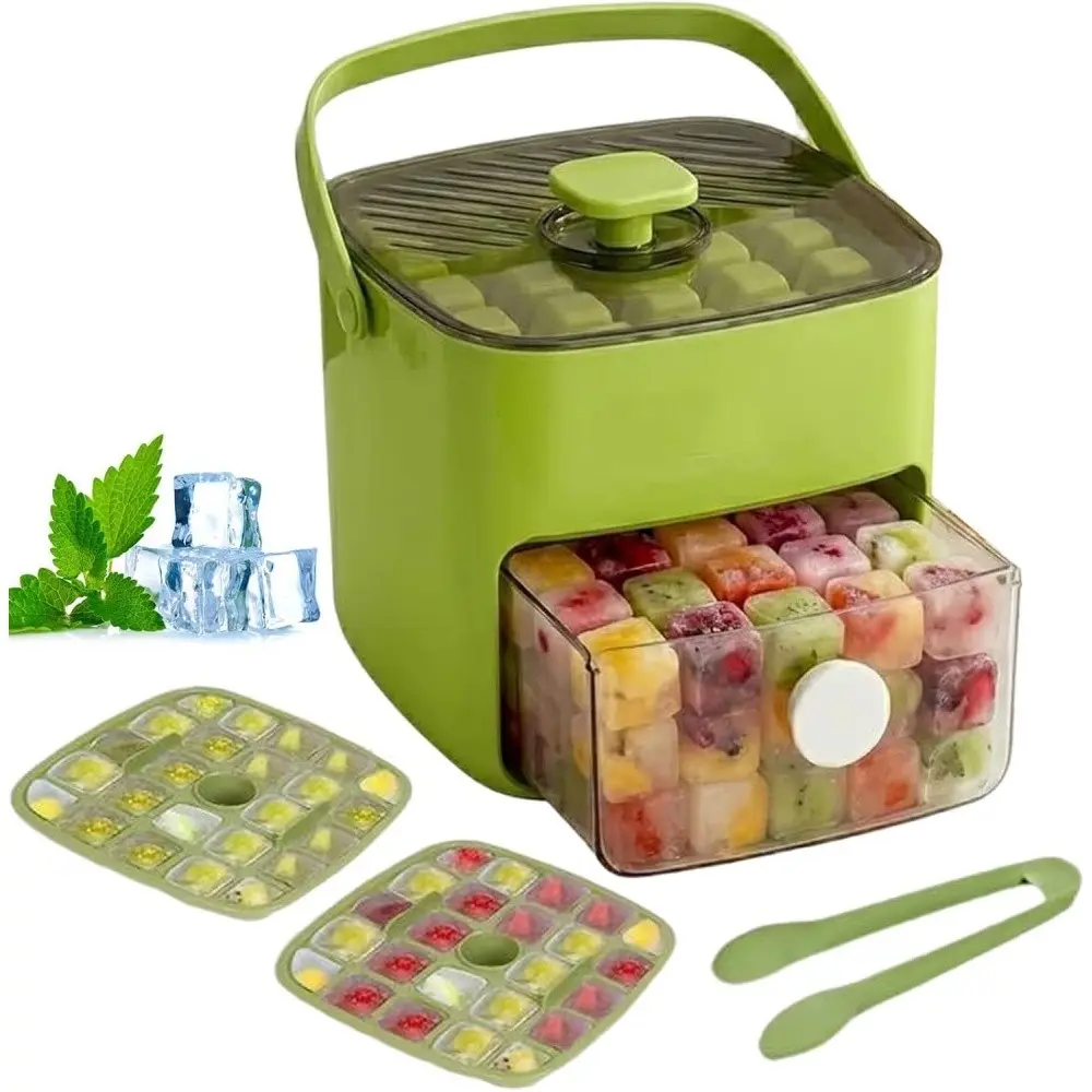 Cube Ice Box with 48 Compartments, Dual Layer Portable Ice Container, Lidded Refrigerator Storage Box, Cocktail Ice Tray