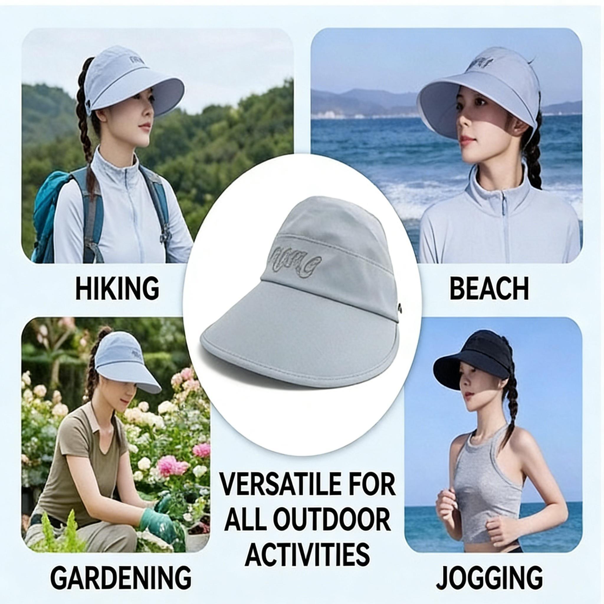 Wide-brim sun visor with UPF 50+ UV protection, open-top design for comfortable wearing. The adjustable head circumference fits most people, lightweight and breathable for outdoor daily use.