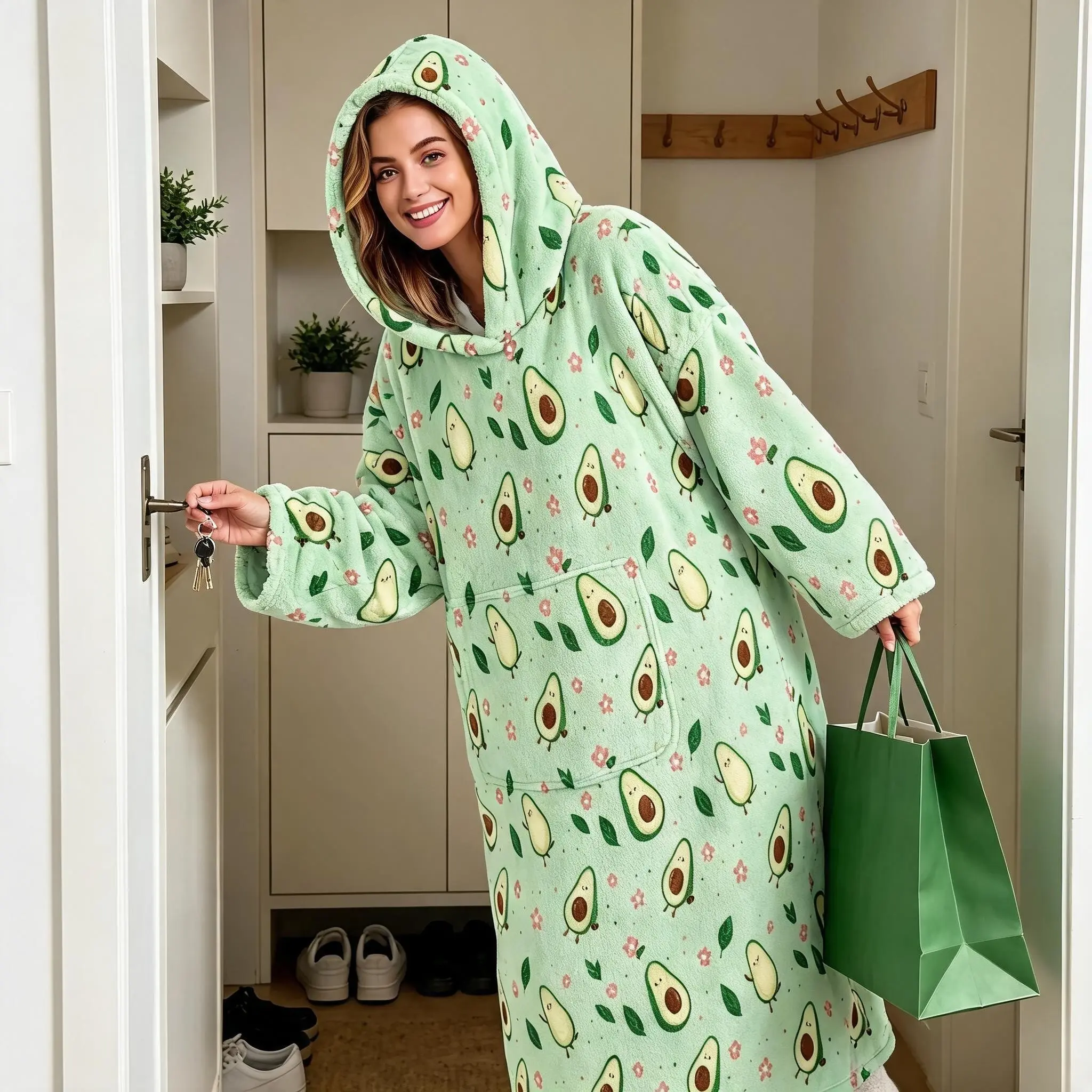1pc Flannel Hooded Wearable Blanket, Avocado Print, Soft and Cozy, with Pockets, Office Sofa Cover, Gift for Girls, Birthday, Christmas