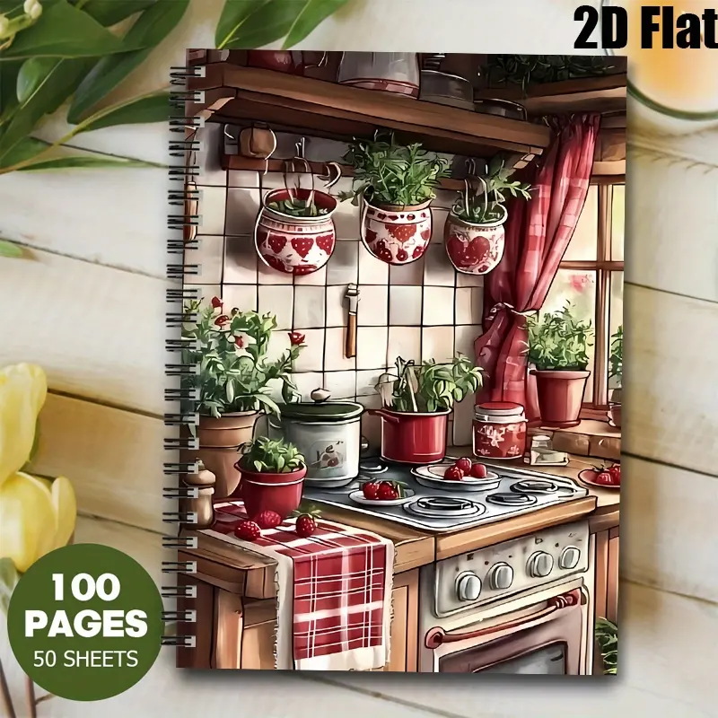 1pc Spiral Bound [2D]Flat Cozy Kitchen-Themed Notebook Journal with Lined Pages, 100 Pages, 5.7X8.26inch, Perfect for Daily Cooking Notes, Recipe Journal, Home Baking Log, Mother's Day Gift, Housewarming Present, Kitchen Enthusiasts' Daily Planner