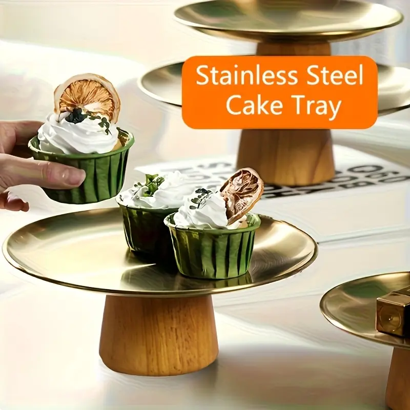 Metallic Gold Stainless Steel Fruit Tray with Smooth Wooden Pedestal Base, Modern Decorative Serving Platter for Fruits, Desserts, Elegant Centerpiece Stand for Dining Table Home Decor