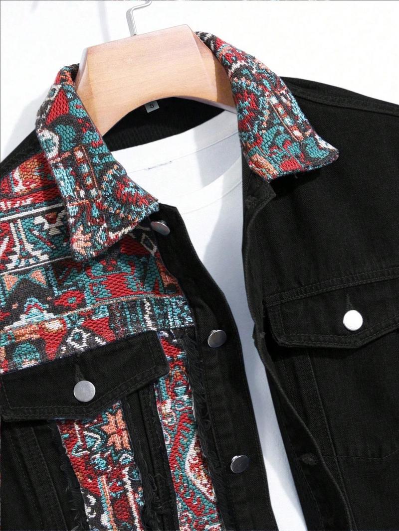 Men's Ethnic Pattern Embroidery Denim Jacket, Loose Casual Long Sleeve Button Front Outerwear for Spring & Fall, Fashion Men's Clothes for Daily Wear