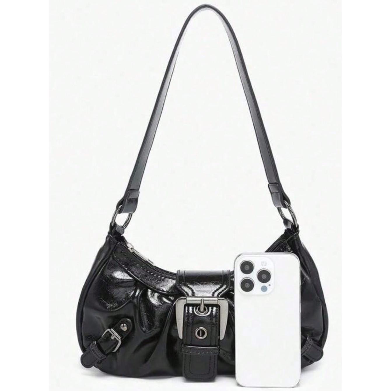 Y2K Vintage Shoulder Bag, Soft Distressed Leather Motorcycle Bag With Rivet Buckle Pleated Cloud Decor Underarm Bag Handbag Party, Street Bag for Women Purse Perfect Suitable for Work, Commute, Date