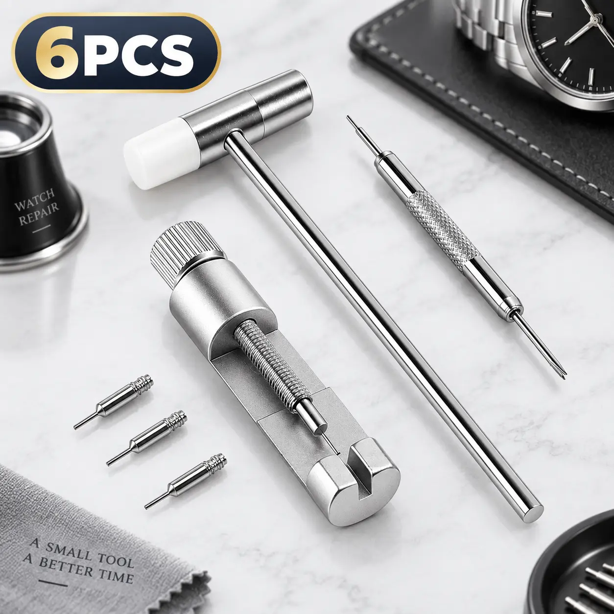 6PCS Watch Repair Tool Kit, Watch Band Link Remover with Hammer, Spring Bar Tool & Pin Punches, Watch Bracelet Sizing and Strap Adjustment Set for Watch Owners, DIY Hobbyists & Repair Use