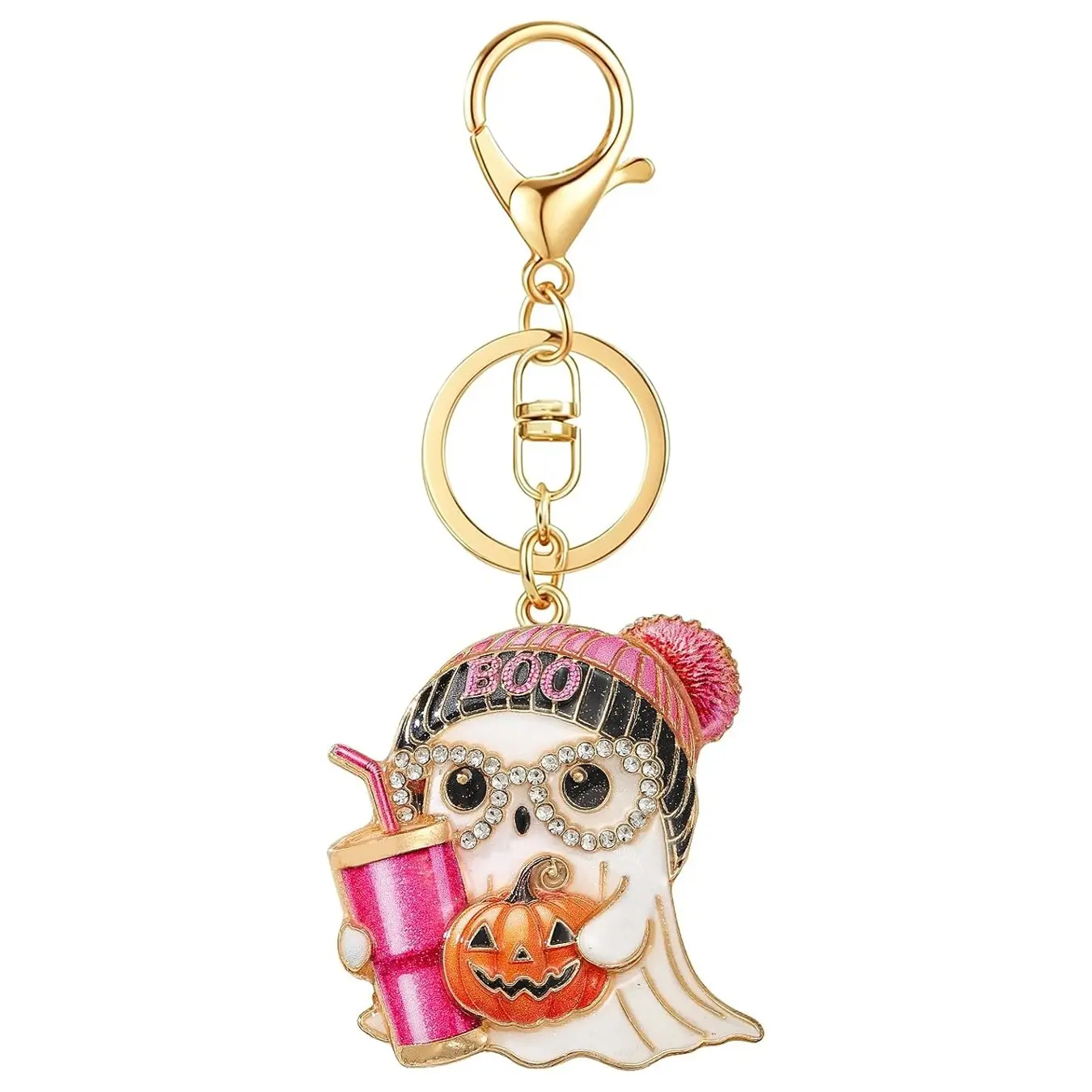 Halloween Ghost Keychain Rhinestone Enamel Cute BOO Ghost with Beanie Glasses Pumpkin Drink Keyring, Spooky Bag Charm, for Women