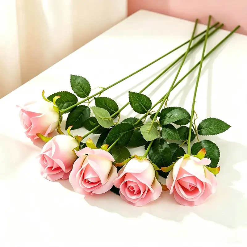5pcs Artificial Rose Buds, Polyester Faux Roses with Long Stems & Leaves, Fake Rose Flowers for Valentine's Day, Wedding, Home Decor