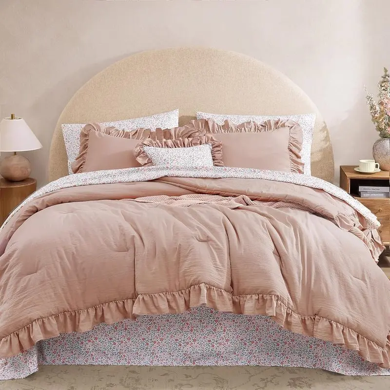 Queen Size Pink Ruffle Bed Comforter Set - 7-Piece Shabby Chic Farmhouse Bedding in a Bag with Floral Print Sheets, Aesthetic Bedding Sets for Home Room Decor