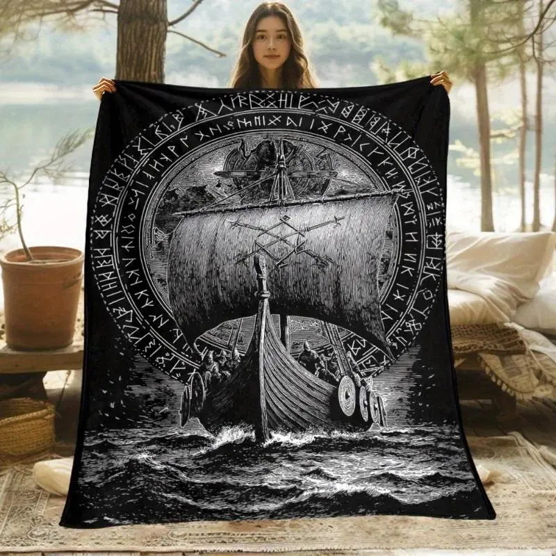 Viking Pirate Ship Microfiber Poly Flannel Blanket - Multi-Size (50x60in/60x80in), Wrinkle Resistant, Lightweight All-Seasons Soft Warm Throw for Home & Travel, Birthday Gift