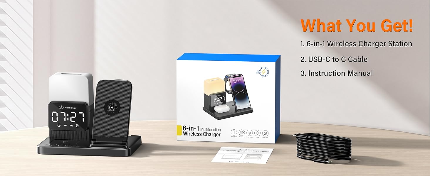 6-in-1 Wireless Charging Station, Charger Stand for Apple Multiple Devices, for iPhone 17 16 15 14 13 12 Pro Max Watch Airpods, Wireless Charger iPhone Charging Station with Night Light/Alarm Clock