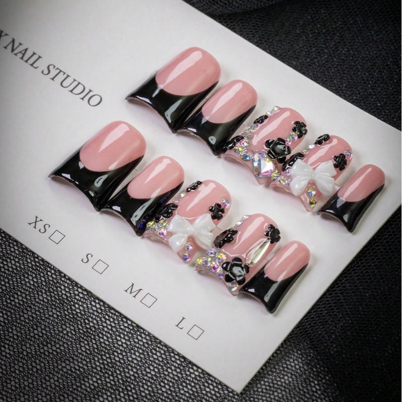 10pcs Y2K Style White Bow Short Duck Nails, Handmade Black Edged French Press-On Nails With Bow, Flower, And Rhinestone Accents, Rhinestone Bow Decorated In Indie Aesthetic, For Daily, School, Or Office, Great Gift For Women And Girls