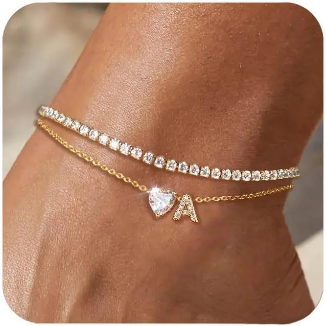 14K Gold Plated Anklet Bracelets Set, Charm 2Pcs Inlaid Shiny Heart Cubic Zirconia Pendant Ankle Chain Dainty Layered Initial Letter A-Z Waterproof Tennis Anklets Beach Foot Jewelry