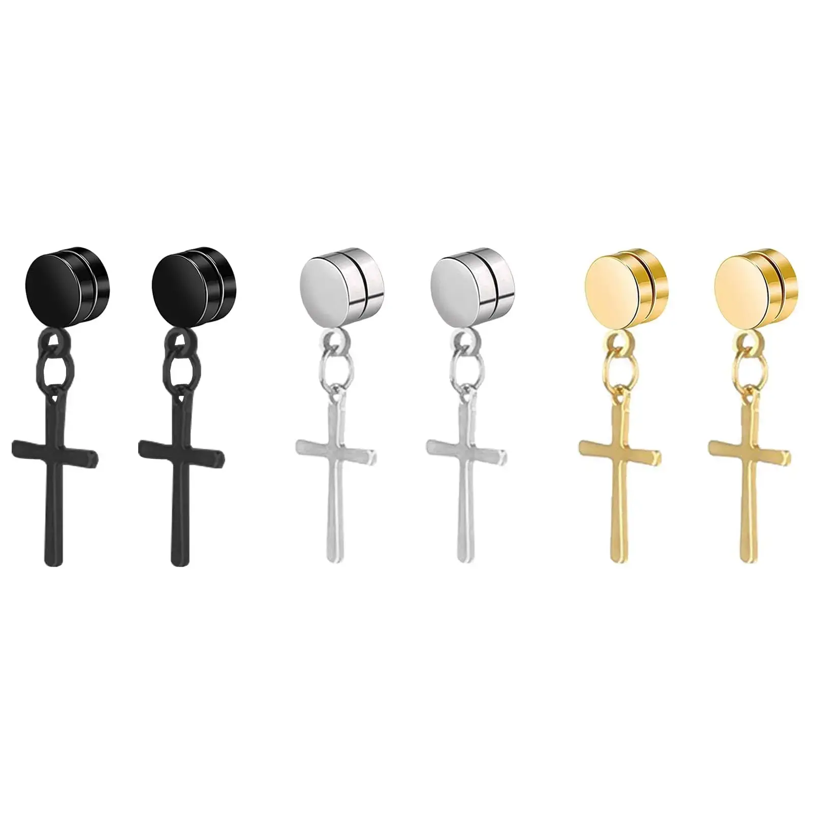 Magnetic Cross Dangle Earrings – Stainless Steel Non-Piercing Clip-On Hoops for Men and Women