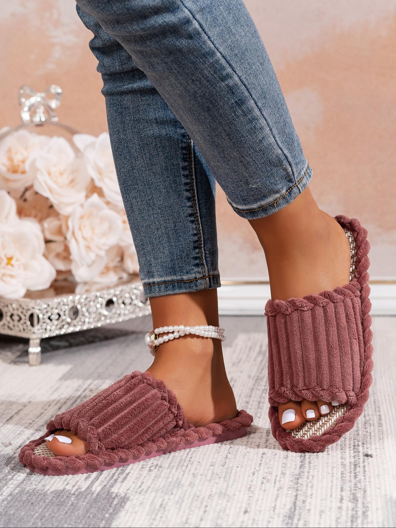 Women's Solid Color Fluffy Plush Slides, Casual Soft Comfortable Home Slippers, Warm Slippers for Indoor & Outdoor Use for Fall & Winter, Walking Shoes, Affordable Slippers