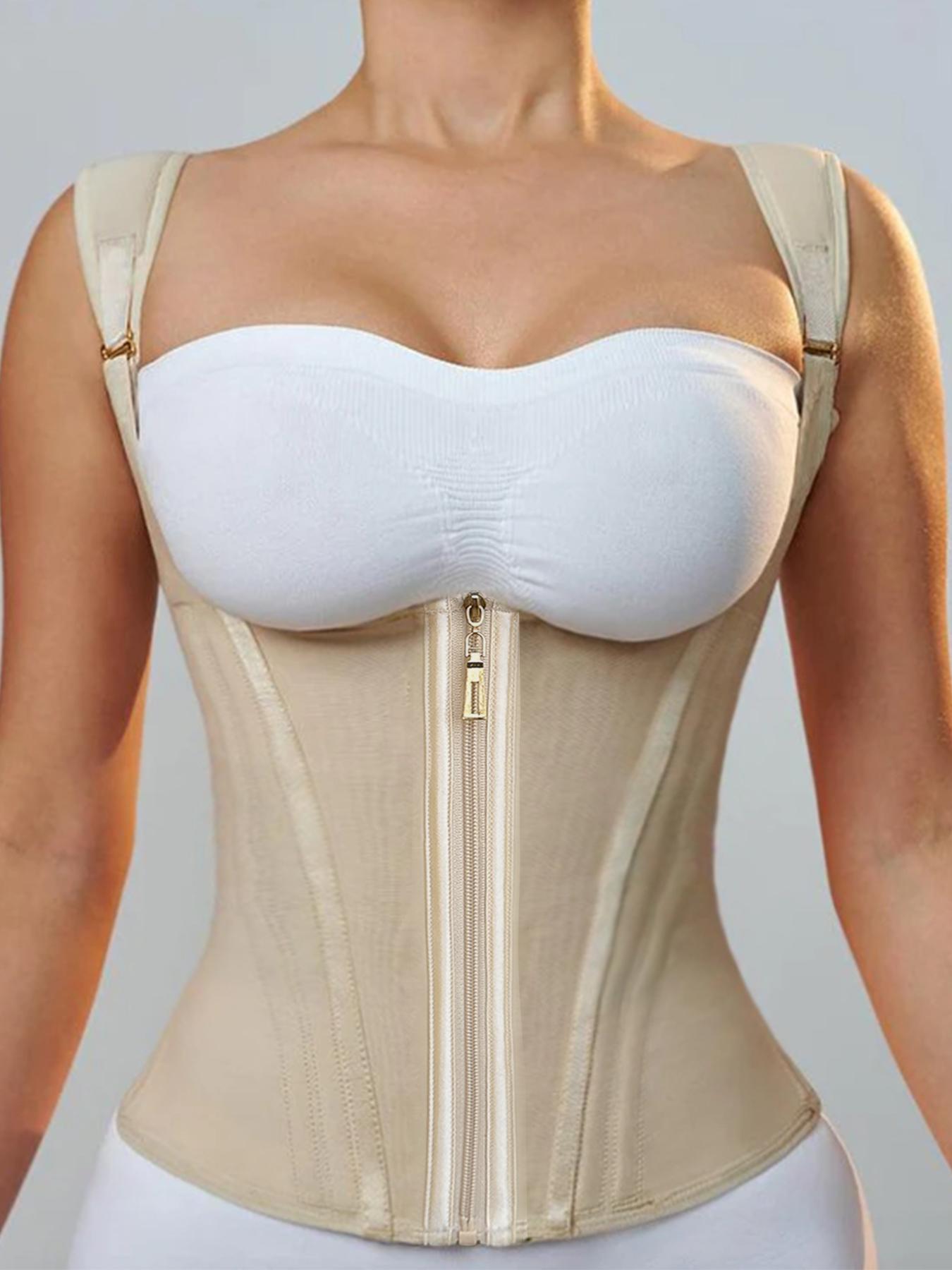 Women's Adjustable Hook & Eye Closure Zipper Front High Compression Shapewear Top, Open Bust Tummy Control Corset, Compression Waist Shaper, Ladies Shapewear for All Seasons