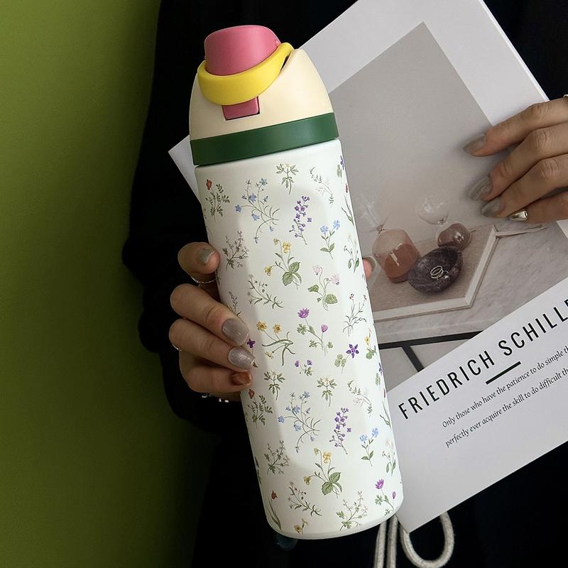 Floral Pattern Stainless Steel Vacuum Flask, 1 Count Portable Insulated Water Bottle with Straw, Leak Resistant Tumbler, Drinking Cup for Home Office School Outdoor Camping, Drinkware