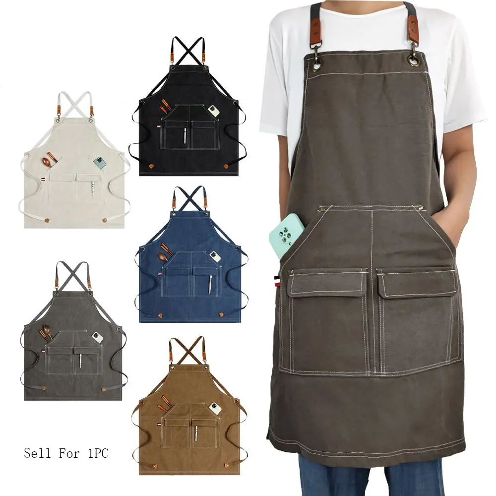 Canvas Apron with Adjustable Leather Straps, Dual Large Pockets, Cross Back Design, Ideal for Workshop, Cafe, BBQ