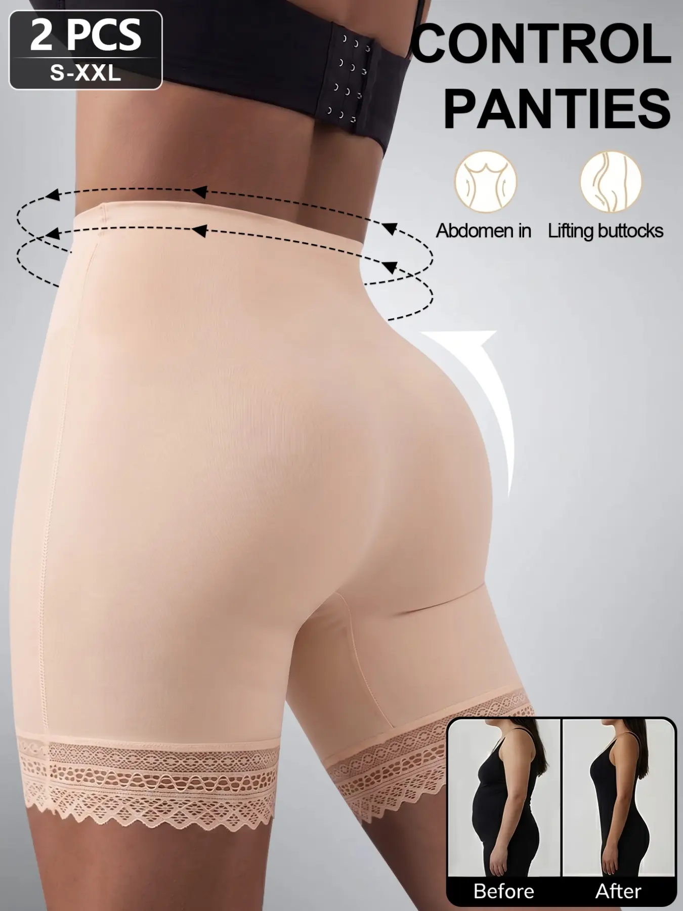 2-Pack Seamless High-Waist Lace Shapewear Shorts, Abdominal Control, Butt Lifting, Anti-Roll Safety Pants, Women's Anti-Chafe Daily Underwear