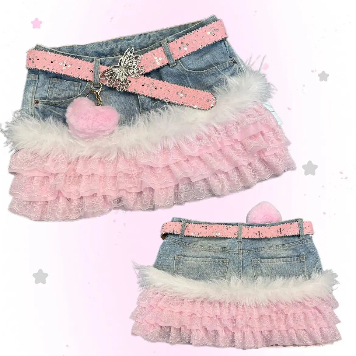 American Style Y2K Vintage Hot Girl Skirt Cute Sweet Denim Patchwork Short Skirt Streetwear Fluffy Skirt New Chic