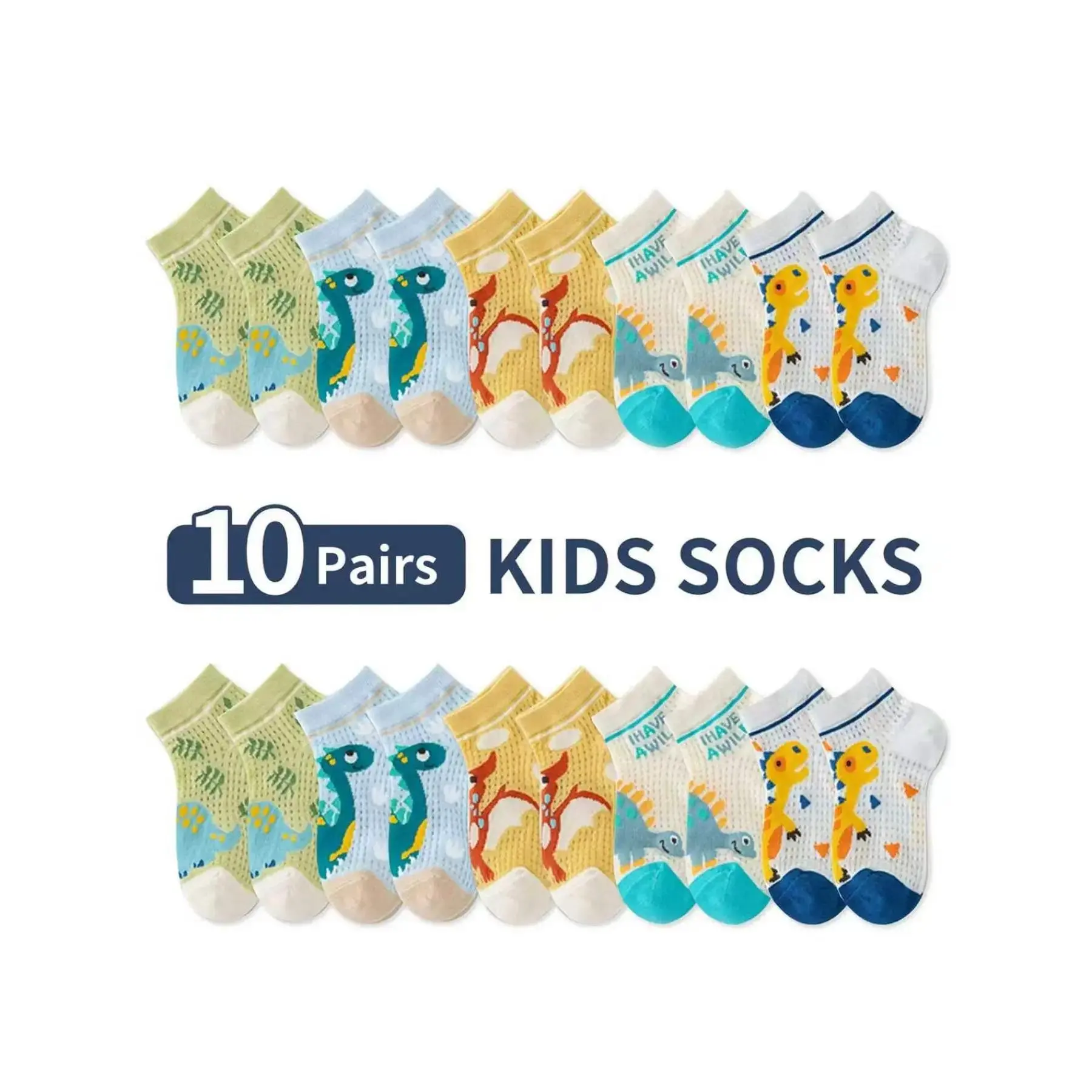 10 pairs of boys' summer socks, thin mesh mid-calf socks, cartoon dinosaur pattern, children's spring and summer shoes and socks, animal socks, teen socks