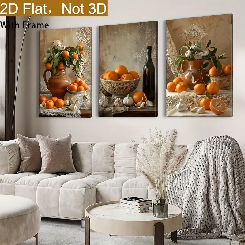2D flat, Framed, 3pcs set of framed canvas art prints, vibrant garlic fruit design, perfect for bedroom, living room, kitchen decoration, easy to hang modern wall art, perfect for room decor.