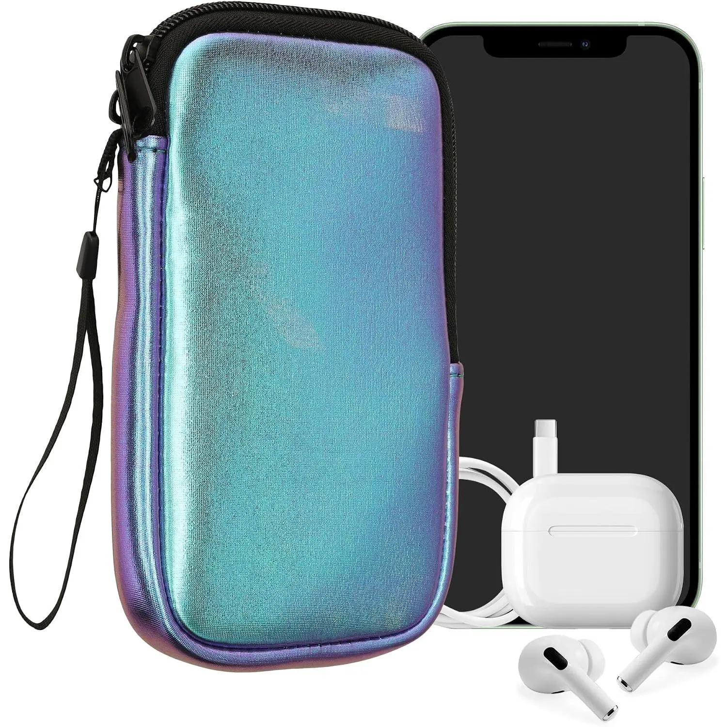XXL 7" Zippered Neoprene Phone Cover, Water-Repellent Mobile Accessory Sleeve, Metallic Teal Pouch