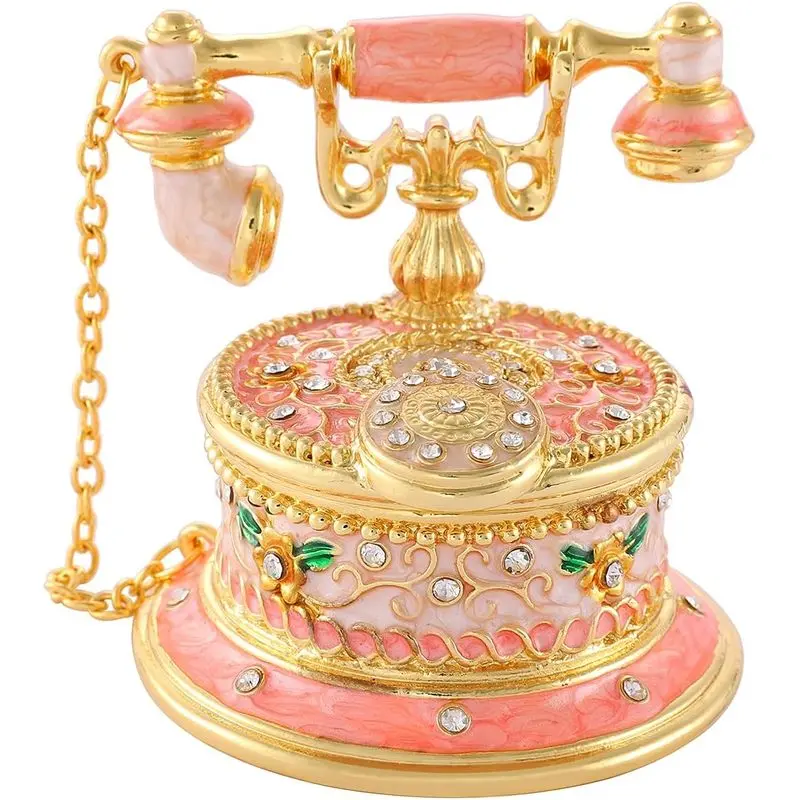 Mini Vintage Telephone Jewelry Trinket Box with Rhinestones, Hand-Painted Enamel Hinged Keepsake Box for Rings, Earrings, Home Decor and Gifts
