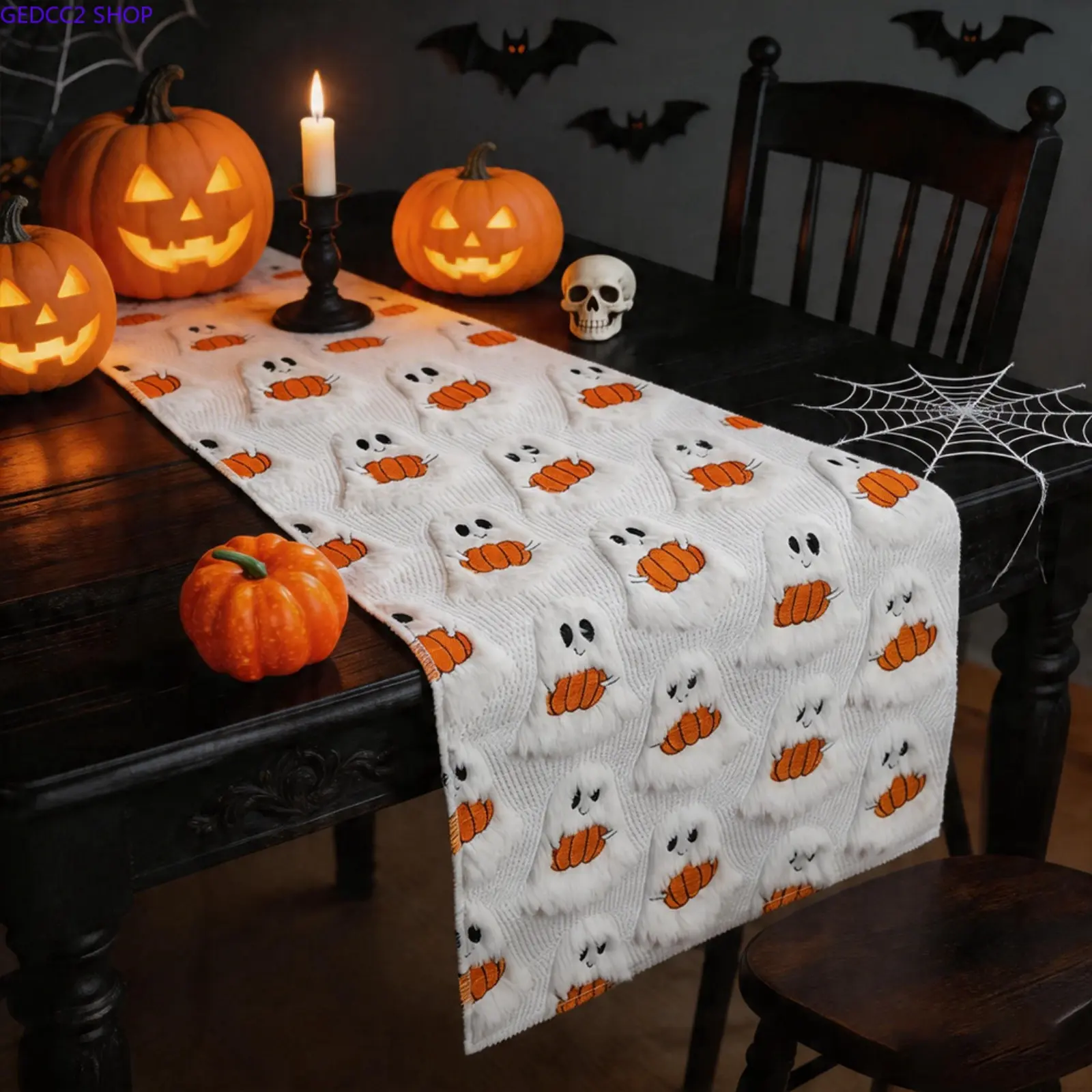 Embroidered Pumpkin Table Runner, Quilted Fall Dining Table Decor, Elegant Halloween & Thanksgiving Table Decoration for Kitchen and Home