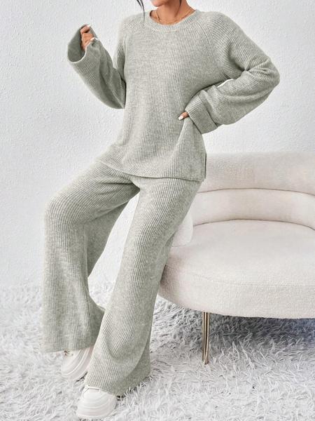 Women's Raglan-Sleeve Split Sweater & Elastic-Waisted Pants Set, Basic Round-Neck Top & Pants Set, Autumn & Winter Clothing for Daily Wear