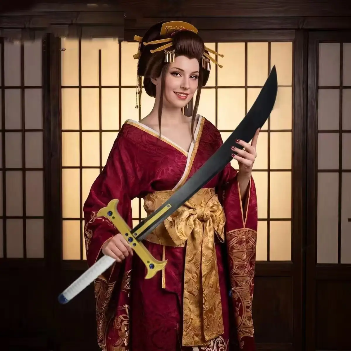 Anime Cosplay Blunt Wood Sword with Black Blade, Golden Guard, White Handle, 43.31In-110cm, Wall Collectible Decor Gift for Toy & Hobby Enthusiasts