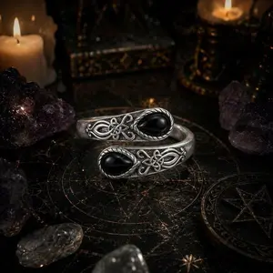 B 925 Sterling Silver Adjustable Open Band for Women, Mystic Witch Black Obsidian Ring,  Gothic Magic Jewelry, Spiritual Energy Crystal Ring, Perfect Gift for Birthday, Mother's Day & Occult Lovers, Boho Wedding Engagement Ring