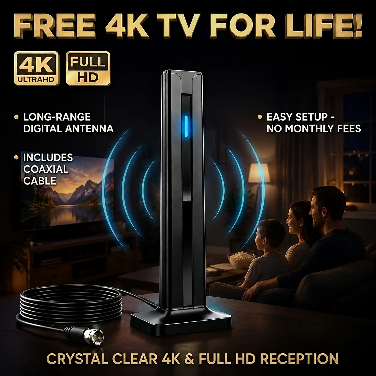 Upgraded Indoor/Outdoor Digital TV Antenna - 360° Omni-Directional Signal Booster, 4K 1080P HD Free Terrestrial Channels, Long-Distance TV Reception for Boating & Home Use