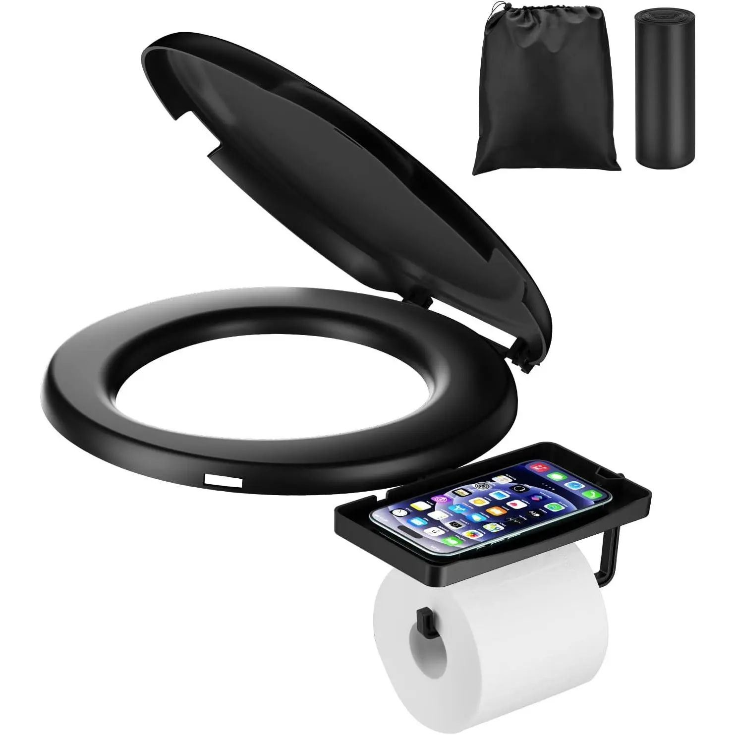 Bucket Toilet Seat 2025 Upgraded, 5 Gallon Bucket Toilet for Camping and Emergency with TP Holder & Phone Shelf, Snap-On Portable Luggable Loo with Rotatable Lid, Includes Carrying Bag & 12 Liners
