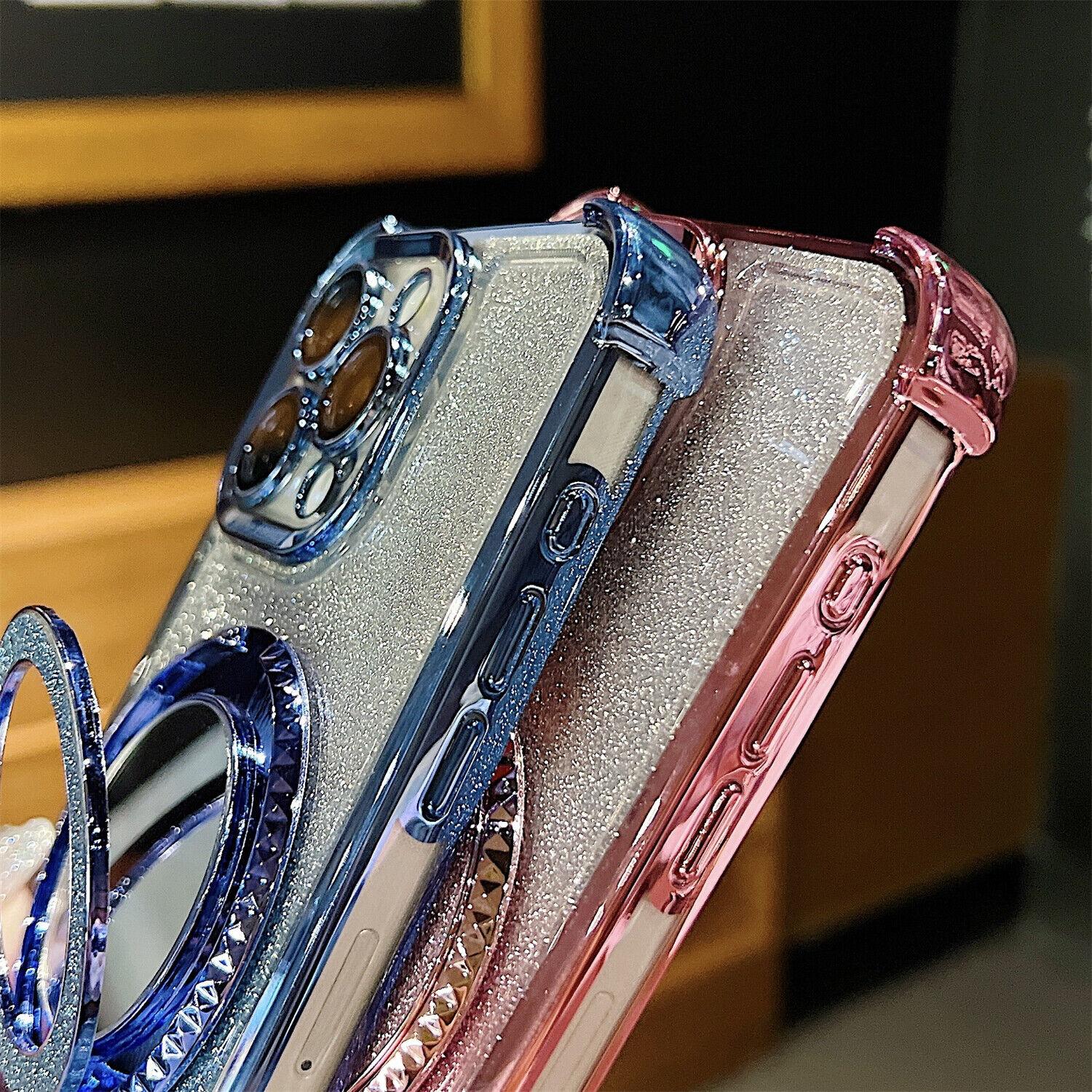 OREKROY Mirror Bling Case Ring Kickstand MagSafe Cover For iPhone 16 Pro Max 15 14 13 12,Anti-fall Shockproof Bling-bling twinkle Phone Cover,Phone Accessories