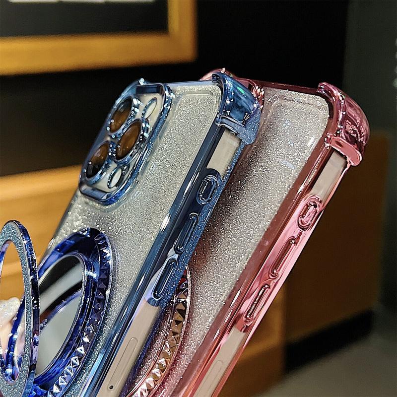 OREKROY Mirror Bling Case Ring Kickstand MagSafe Cover For iPhone 16 Pro Max 15 14 13 12,Anti-fall Shockproof Bling-bling twinkle Phone Cover,Phone Accessories